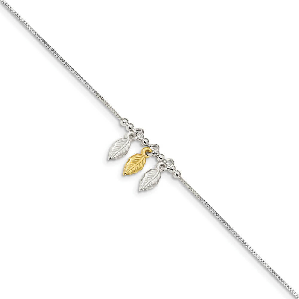Sterling Silver and Gold-Tone Beaded Feather Anklet, Inch