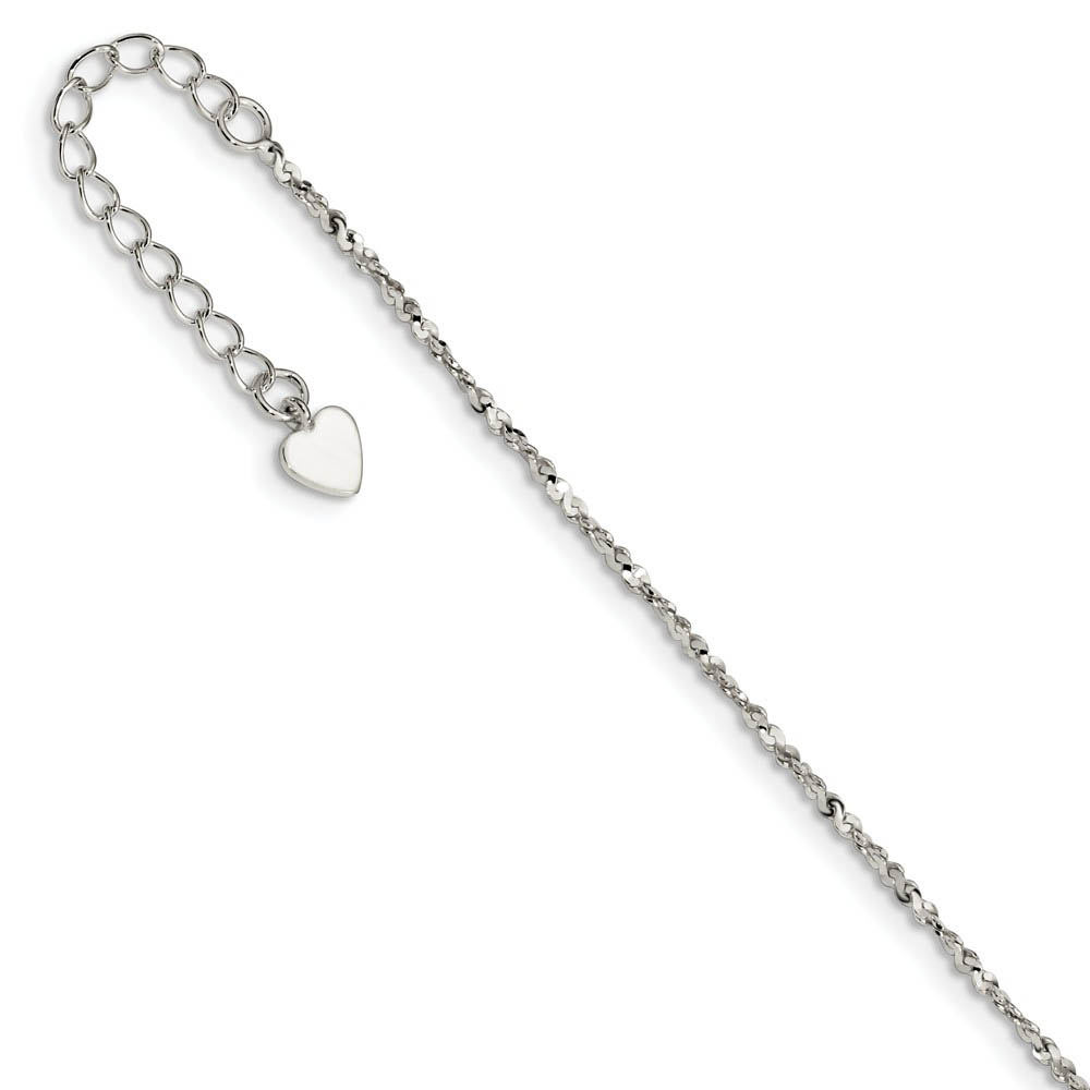 Sterling Silver 1mm Twisted Serpentine Heart Anklet, Inch