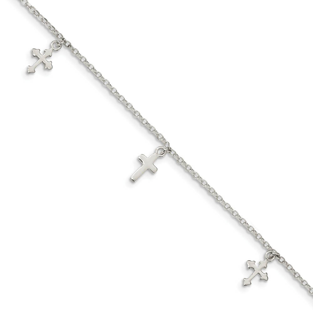 Sterling Silver Cross Dangle 1.5mm Rolo Chain Anklet, Inch