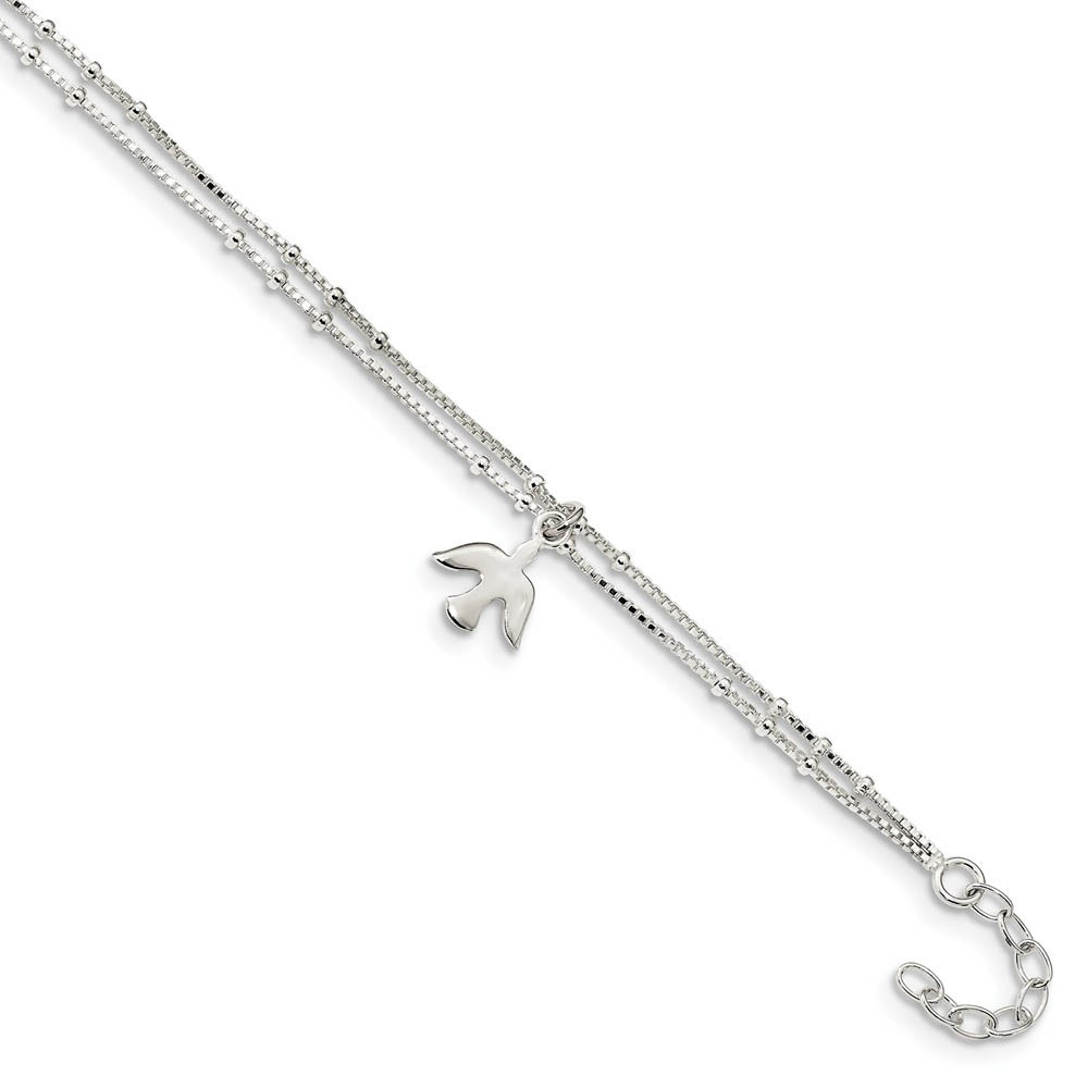 Sterling Silver 2 Strand Dove Box Chain Anklet, Inch