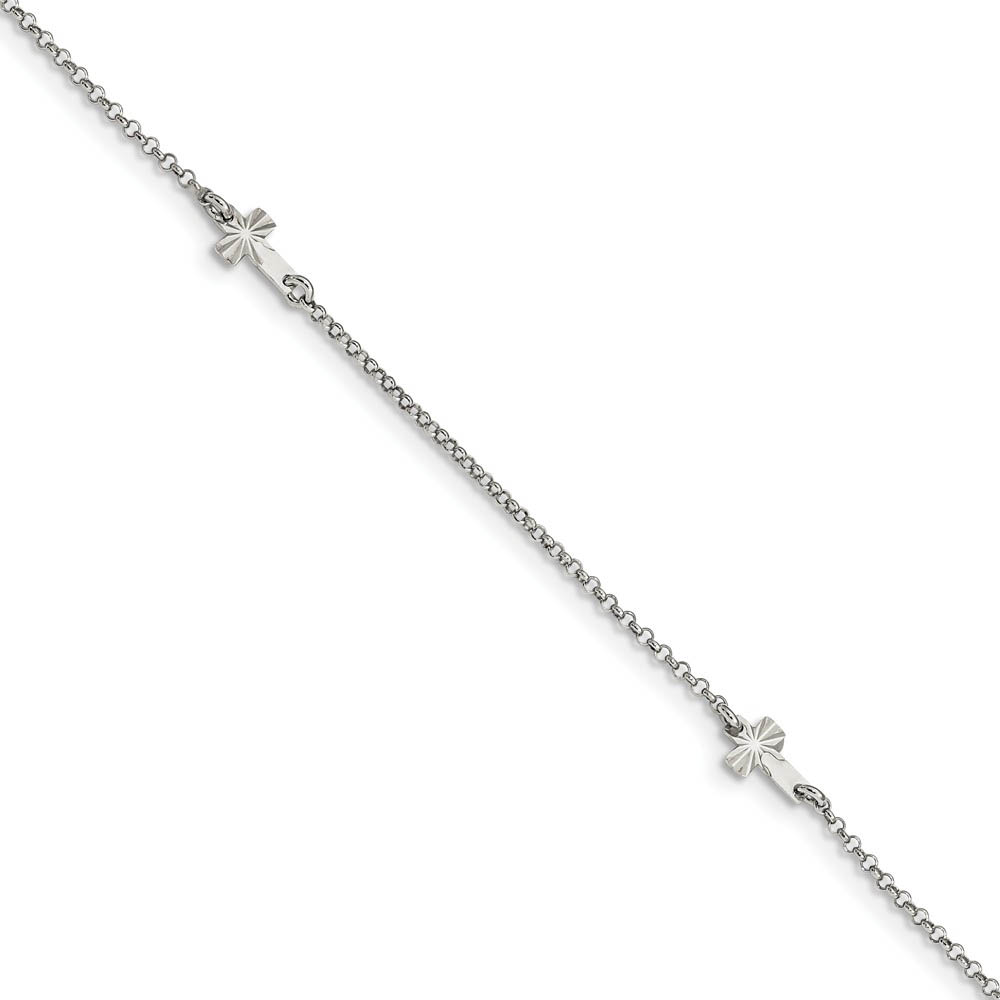 Rhodium-Plated Sterling Silver D/C Crosses Rolo Chain Anklet, In