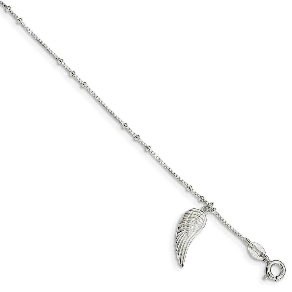 Sterling Silver 20mm Wing Dangle 1mm Box Chain Anklet, Inch