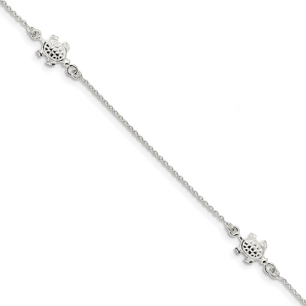 Sterling Silver Polished Turtle And 1mm Cable Chain Anklet, Inch