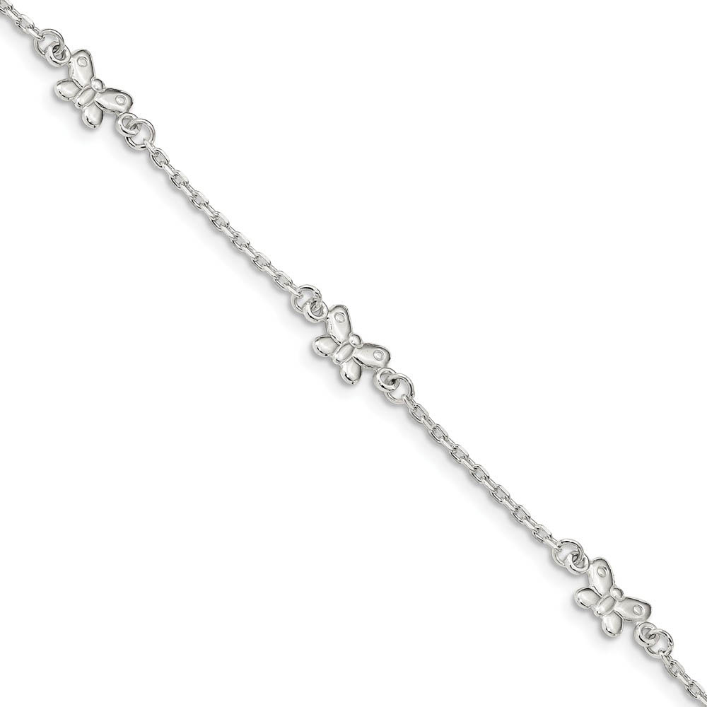 Sterling Silver Butterfly And 1.5mm Cable Chain Anklet, Inch