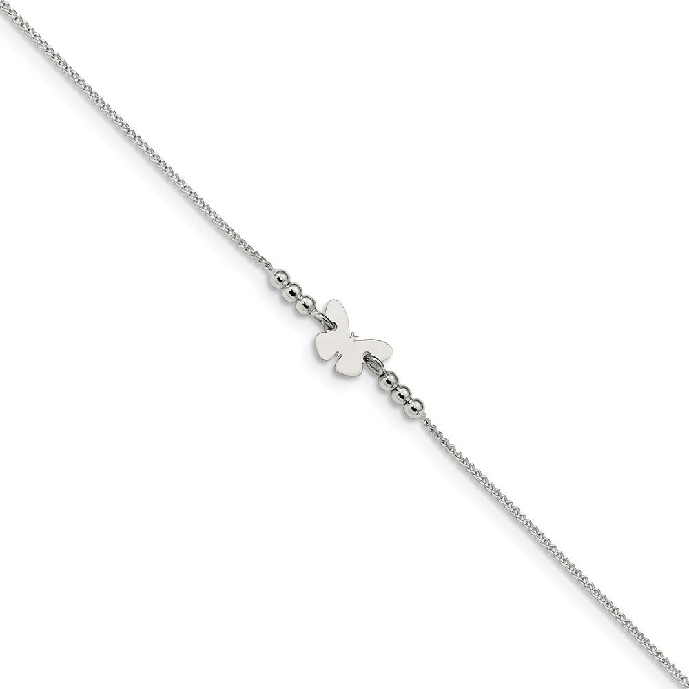 Sterling Silver Butterfly Station And 1mm Curb Chain Anklet, Inch