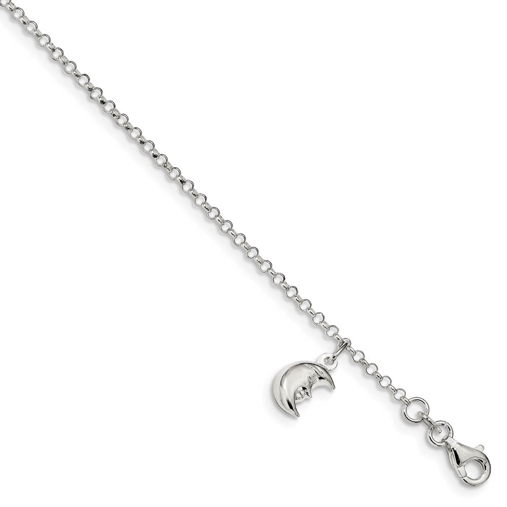 Sterling Silver Moon Dangle Charm And 1.5mm Rolo Chain Anklet