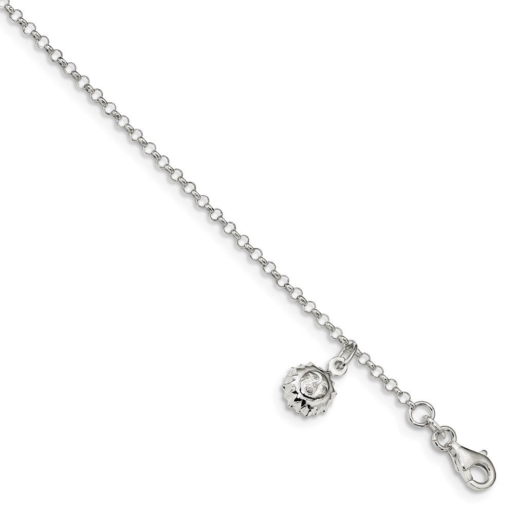 Sterling Silver Sun Dangle Charm And 1.5mm Rolo Chain Anklet