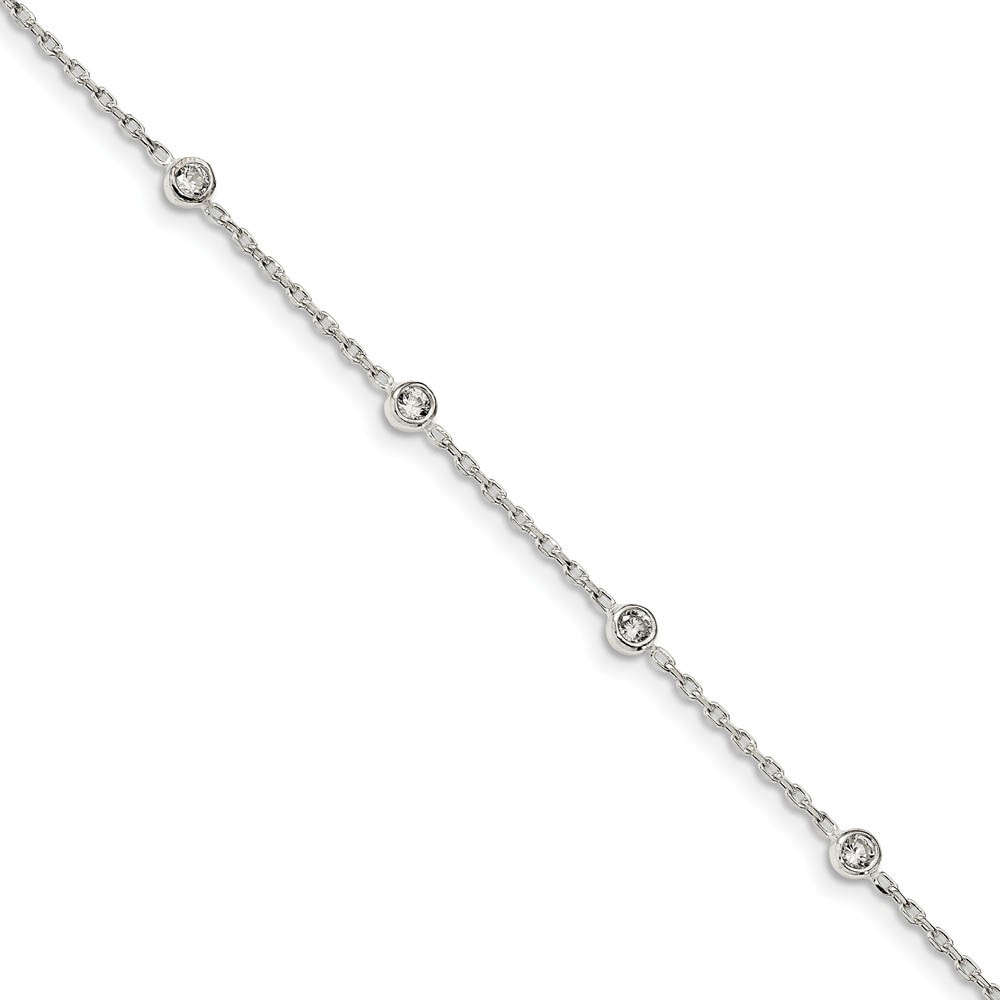 Sterling Silver Cubic Zirconia Station And Cable Chain Anklet