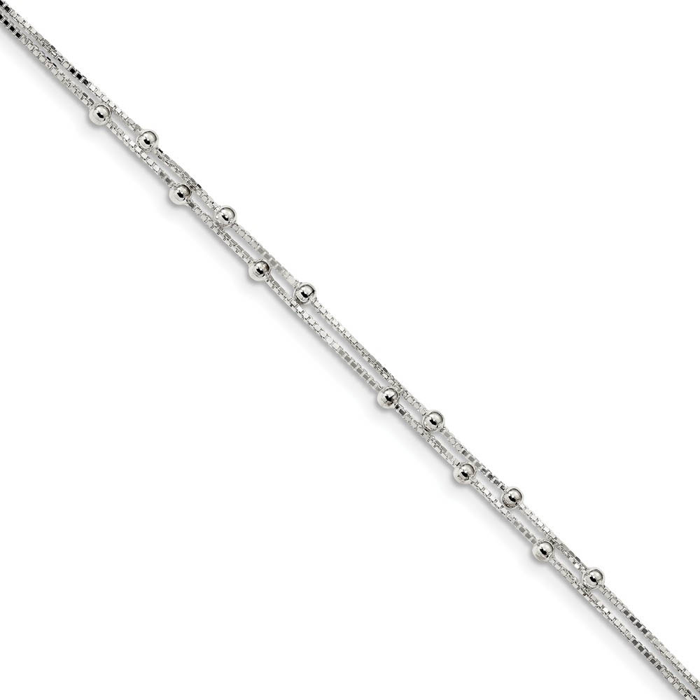 Sterling Silver Beaded 2-Strand 0.8mm Box Chain Anklet, Inch