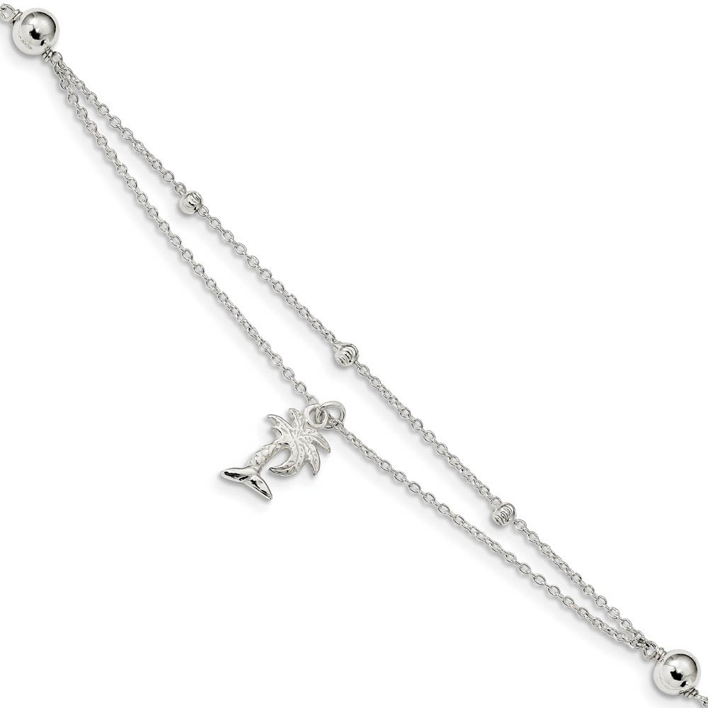 Sterling Silver Palm Tree And 2-Strand 1mm Cable Chain Anklet