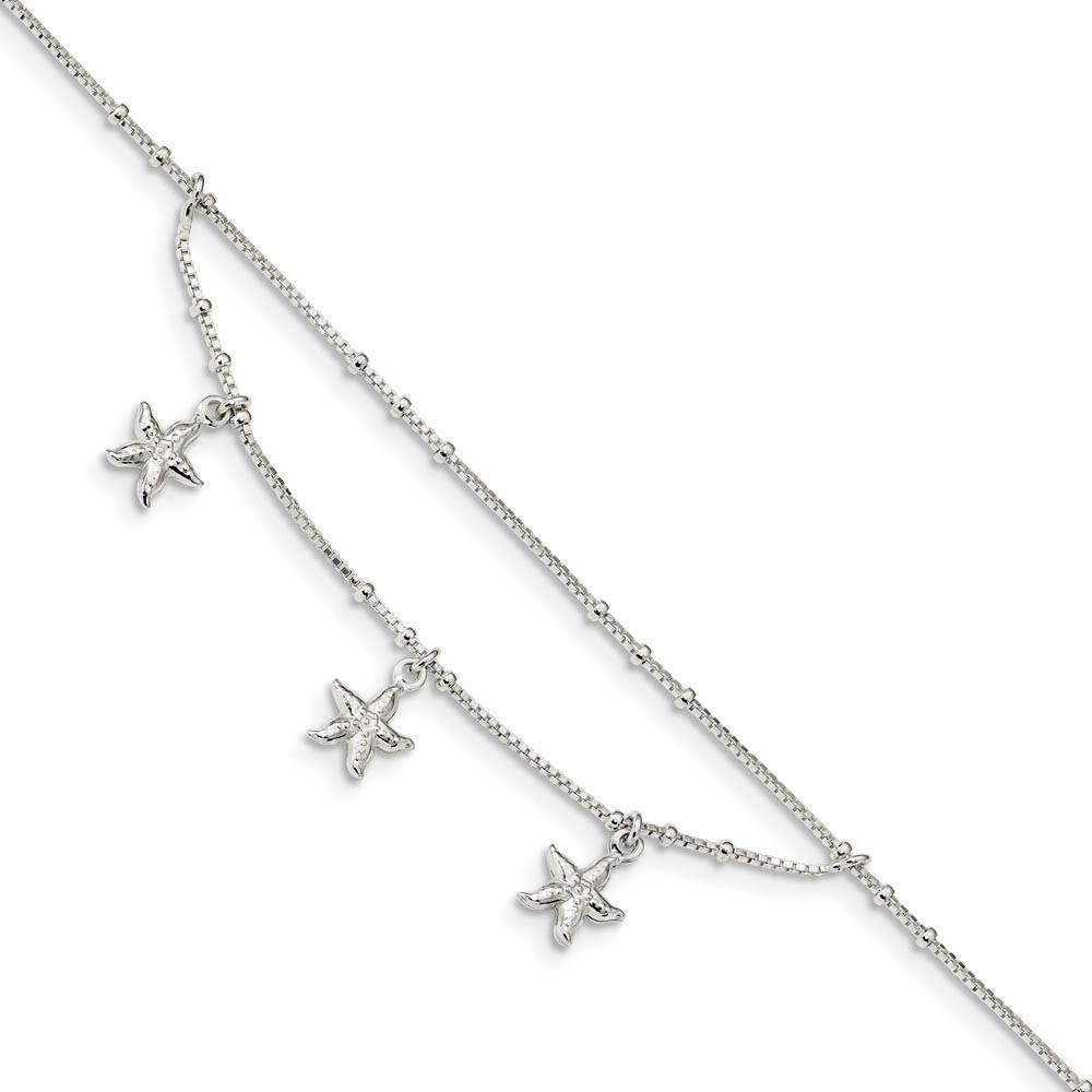 Sterling Silver Triple Starfish 0.8mm Box Chain Swag Anklet
