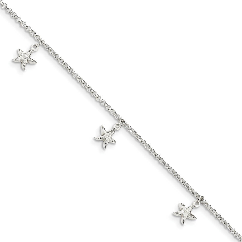 Sterling Silver Starfish Dangle And 1.5mm Rolo Chain Anklet, Inch