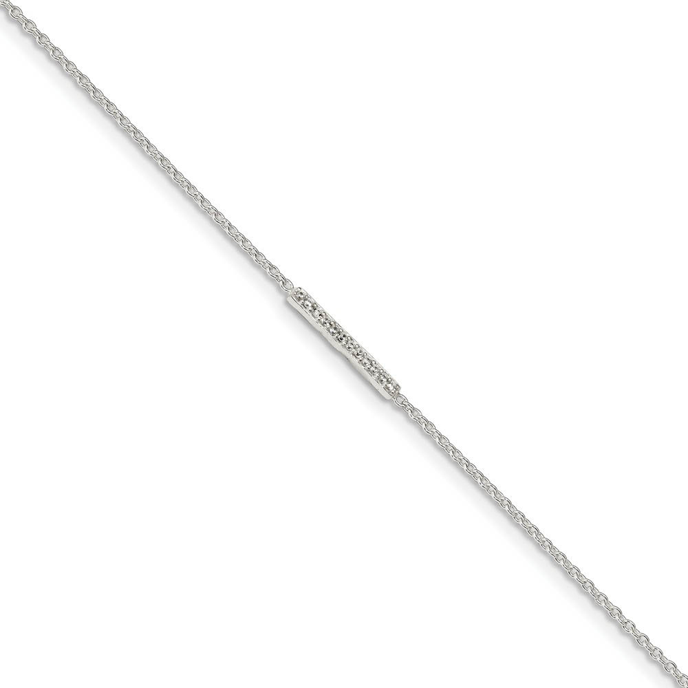 Sterling Silver CZ Bar And 1.25mm Cable Chain Anklet, Inch