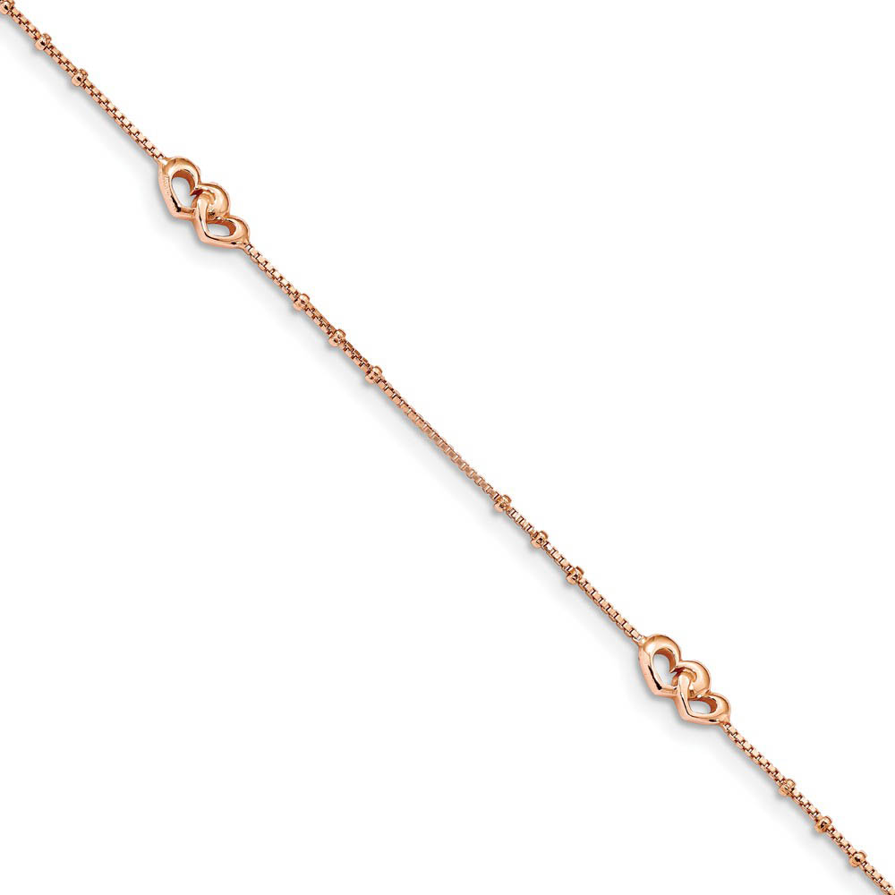 Rose-Tone Plated Sterling Silver Hearts And Box Chain Anklet