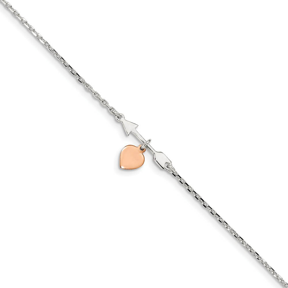 Sterling Silver Arrow Rose-Tone Heart And 1.5mm Cable Anklet
