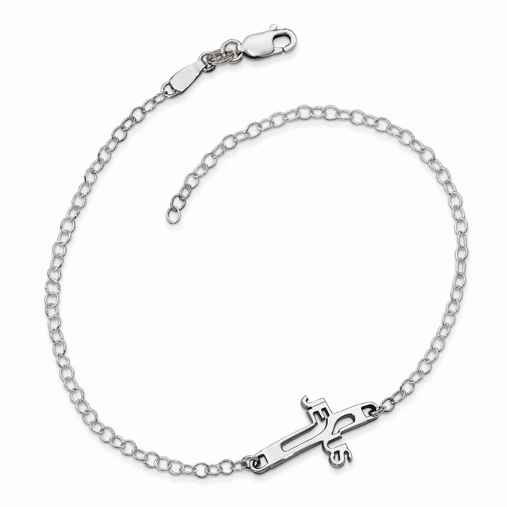 Rhodium Plated Sterling Silver Jesus Cross Anklet