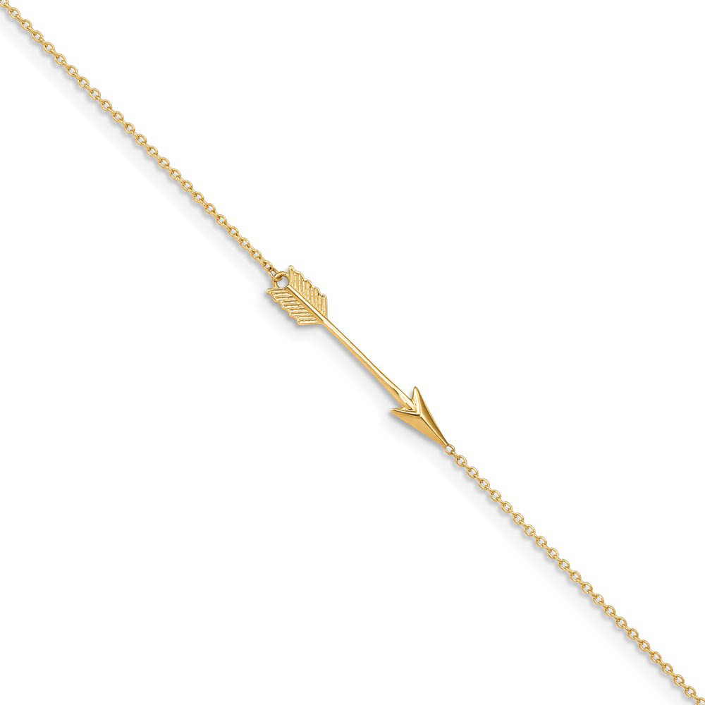 14k Yellow Gold Polished Arrow And 1mm Cable Chain Anklet, Inch