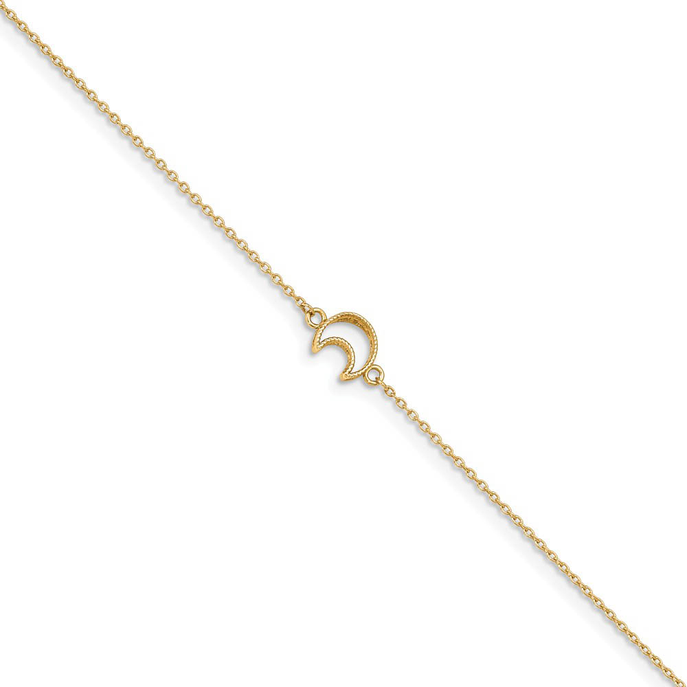 14k Yellow Gold Crescent Moon And 1mm Cable Chain Anklet, Inch