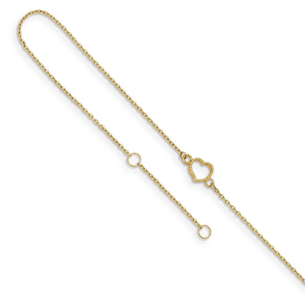 14k Yellow Gold 7mm Open Heart And 0.6mm Cable Chain Anklet, Inch