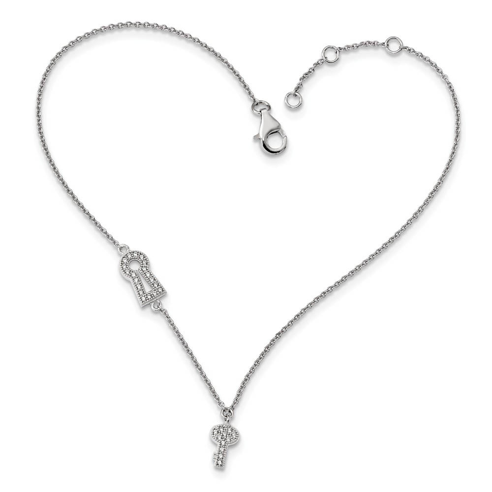 Rhodium Plated Sterling Silver CZ Lock And Key Cable Anklet, Inch