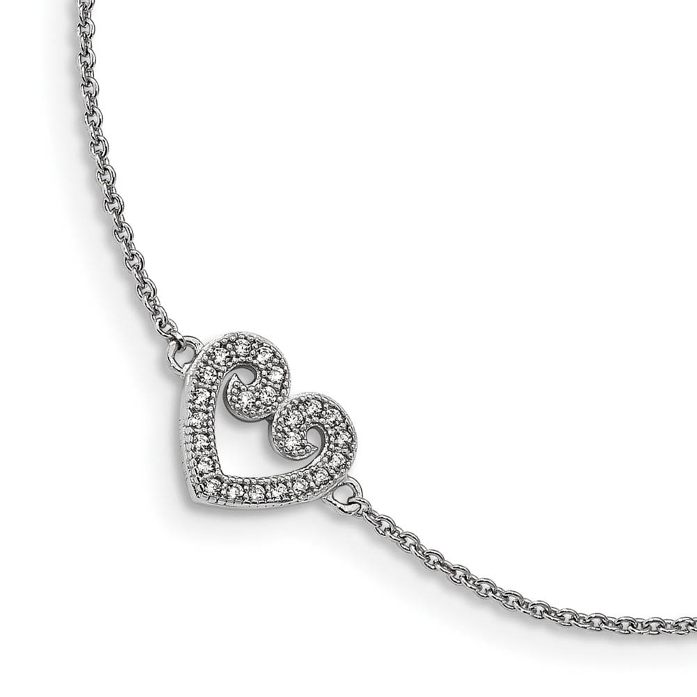 Rhodium Plated Sterling Silver 10mm CZ Heart And Cable Anklet