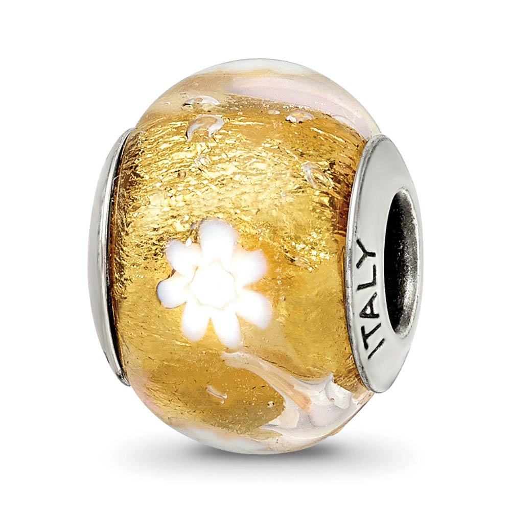 Golden/White Flower Murano Glass Bead & Sterling Silver Charm, 14mm