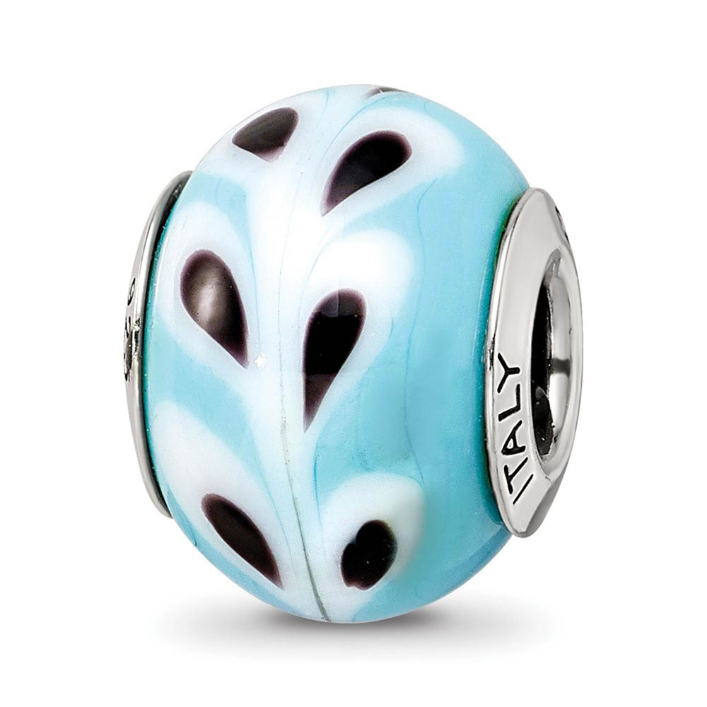 Lt. Blue/White/Black Murano Glass & Sterling Silver Bead Charm, 14mm