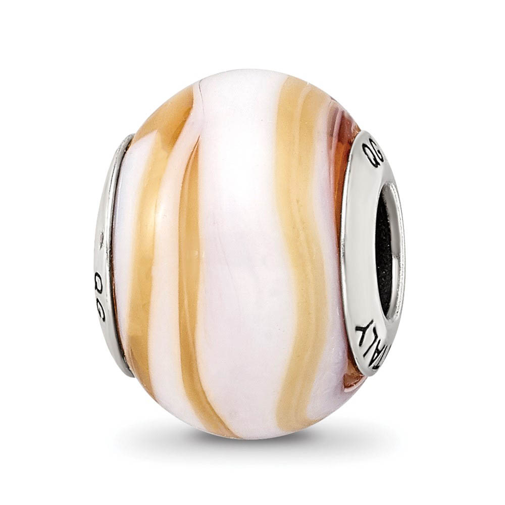 Carmel/White Italian Murano Glass Bead & Sterling Silver Charm, 14mm