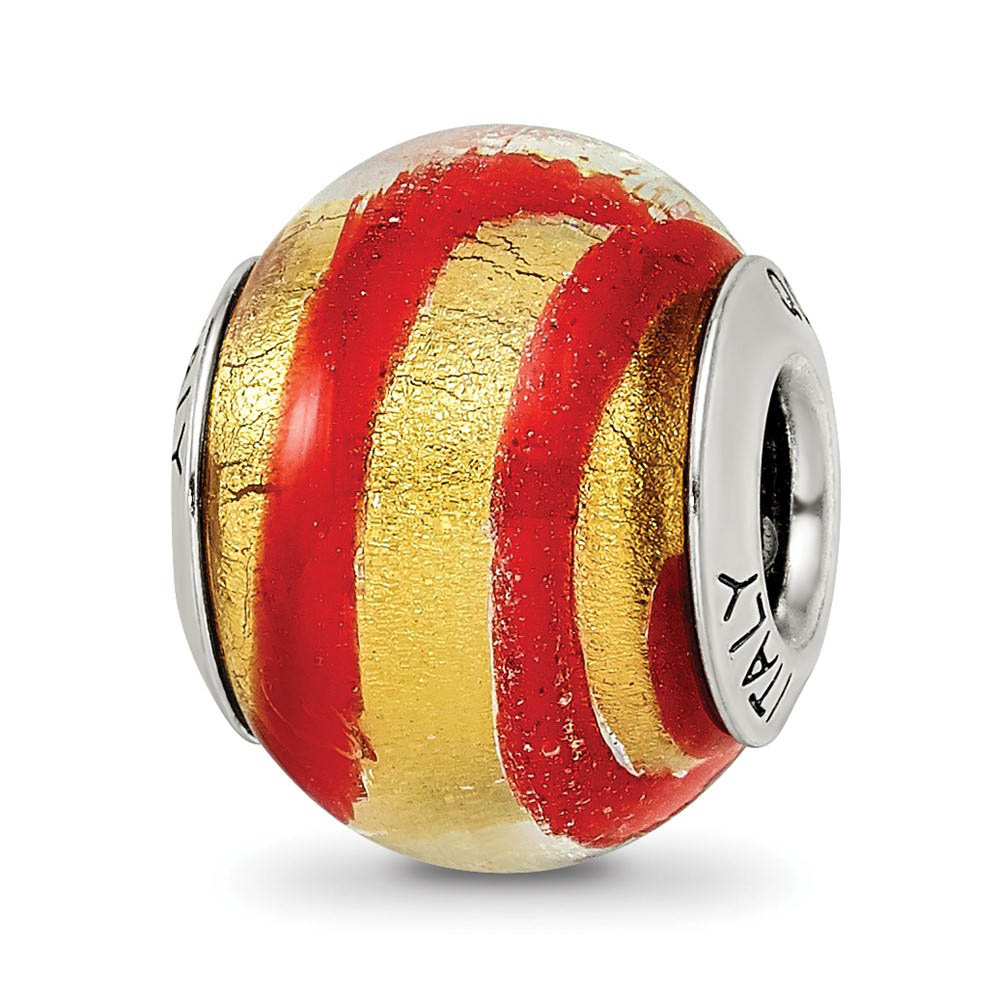 Golden Red Striped Murano Glass Bead & Sterling Silver Charm, 14mm