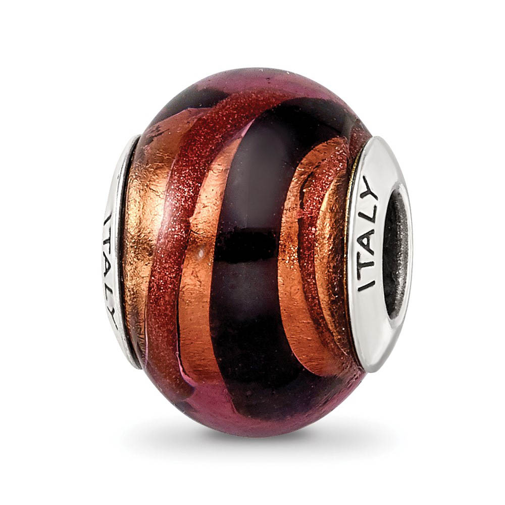 Copper/Black Italian Murano Glass Bead & Sterling Silver Charm, 14mm