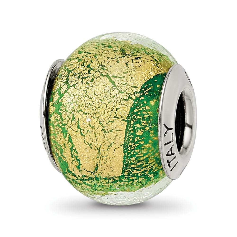 Green/Golden Italian Murano Glass Bead & Sterling Silver Charm, 14mm