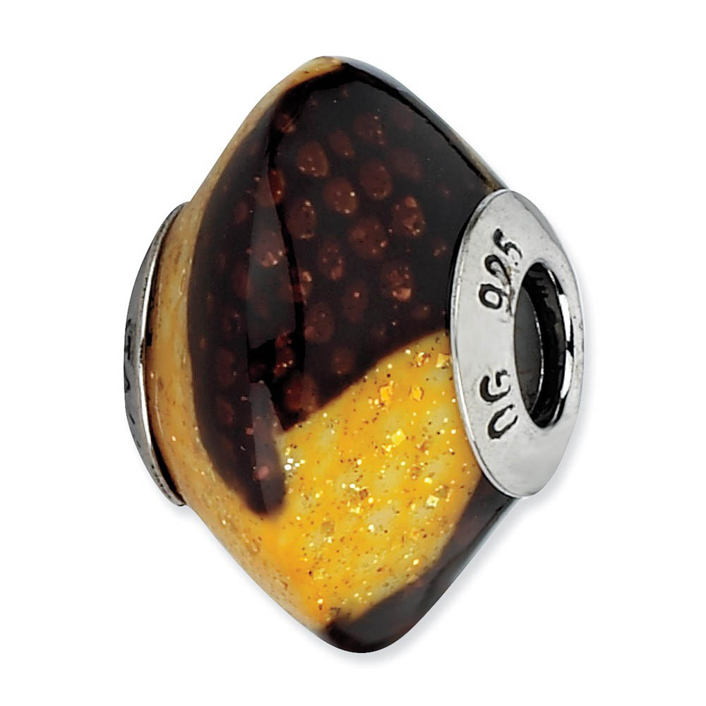 Brown/Yellow Glitter Overlay Glass Bead & Sterling Silver Charm, 17mm