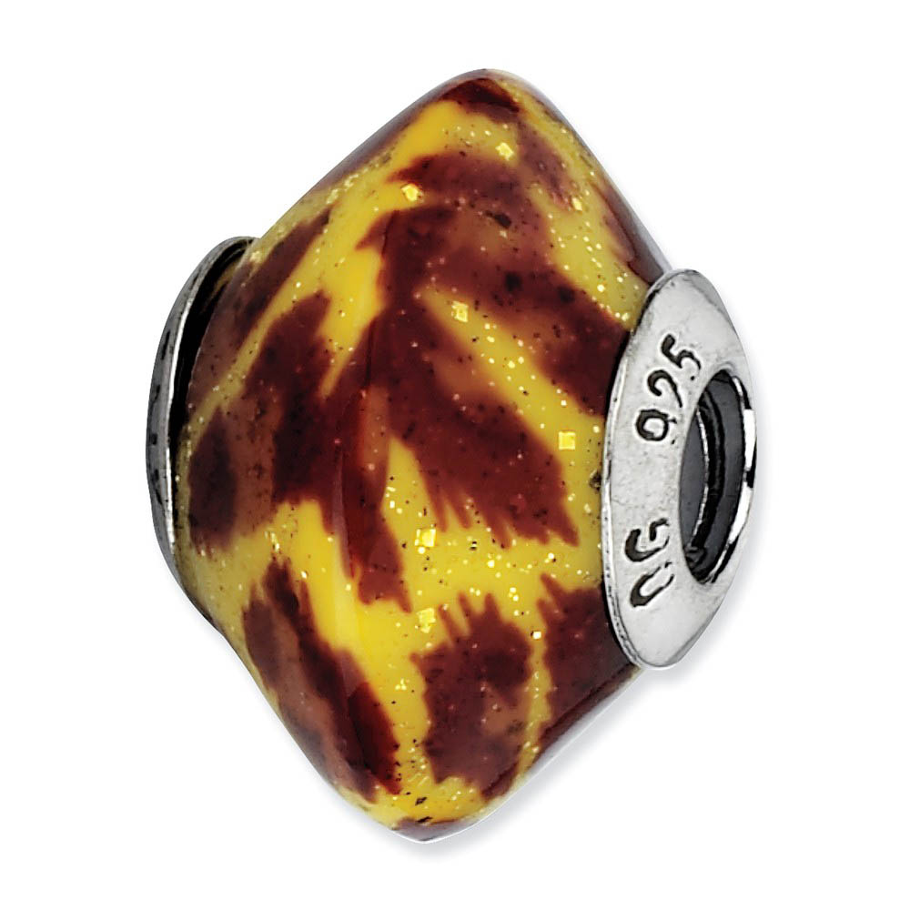 Yellow Brown Glitter Overlay Glass & Sterling Silver Bead Charm, 17mm
