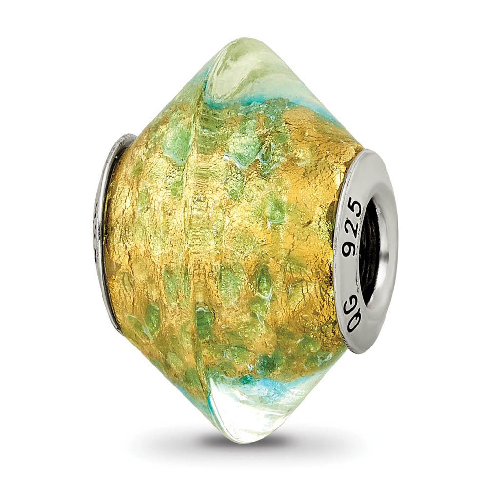Yellow with Teal Murano Glass & Sterling Silver Bead Charm, 17mm