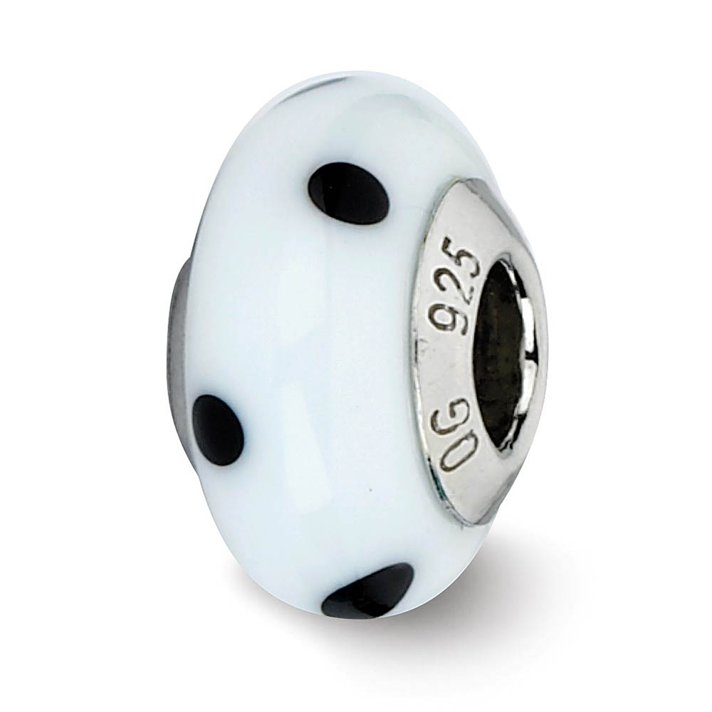 White, Black Dots Murano Glass & Sterling Silver Bead Charm, 13mm