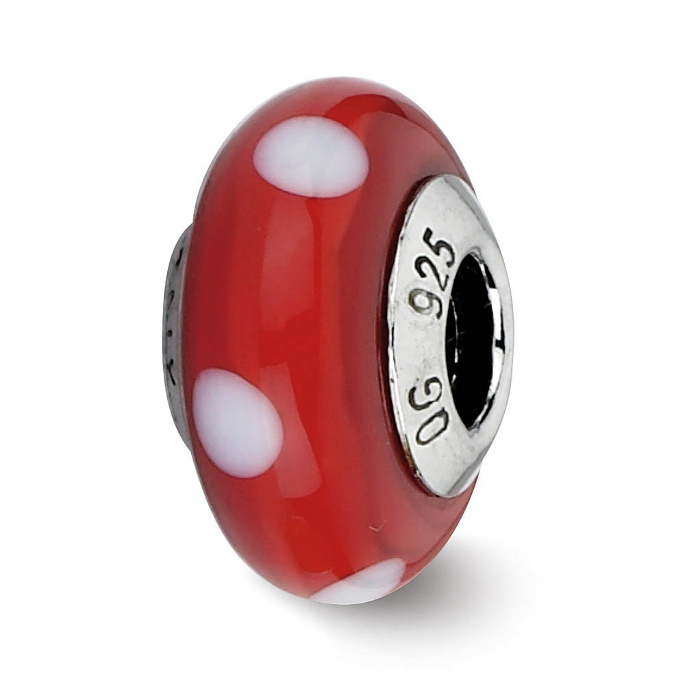 Red with White Dots Murano Glass & Sterling Silver Bead Charm, 13mm
