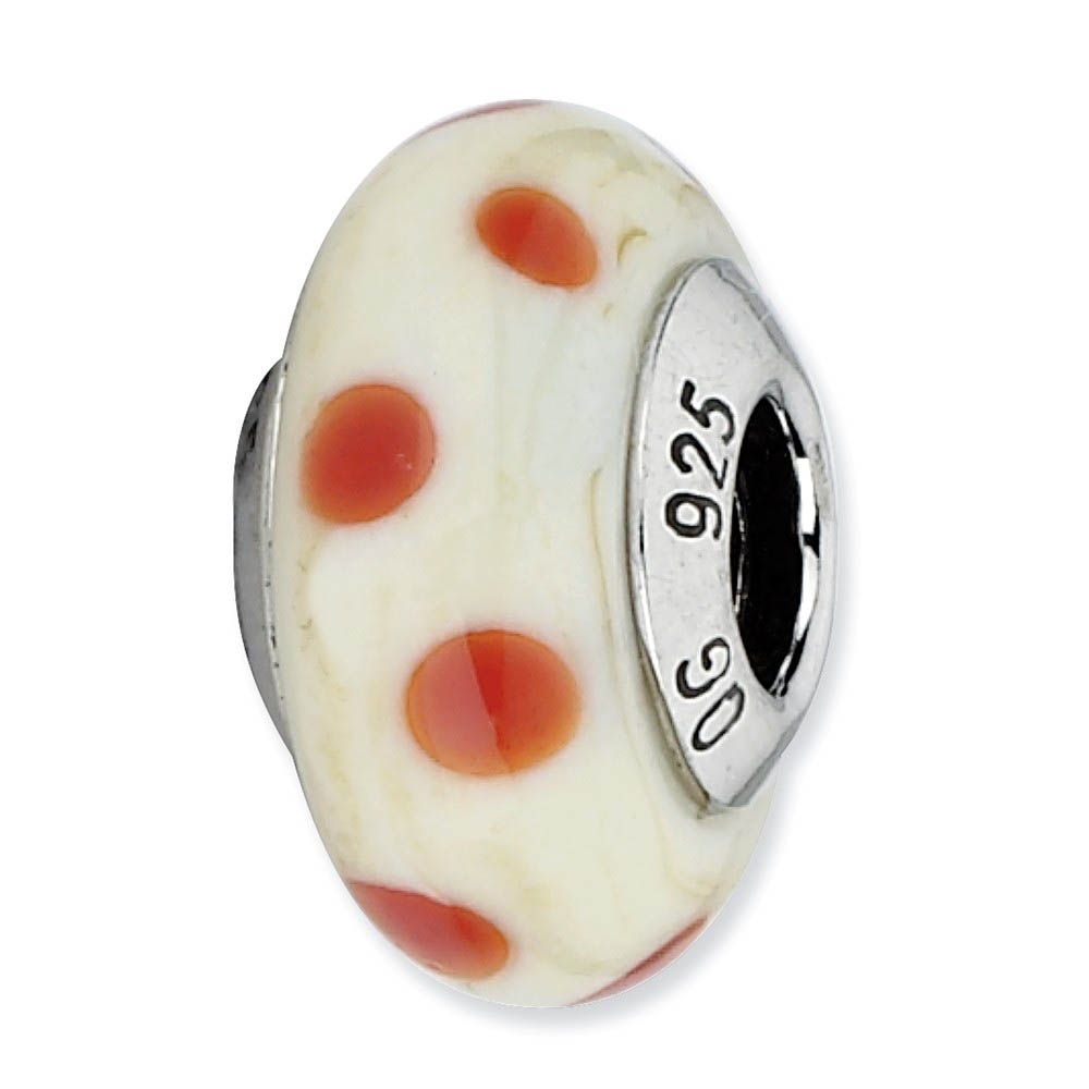 Cream with Red Dots Murano Glass & Sterling Silver Bead Charm, 13mm
