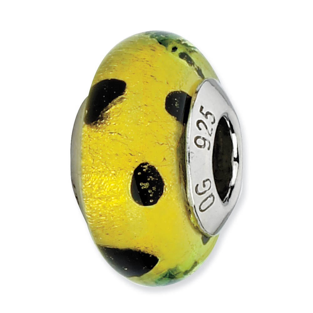 Lime Green, Black Dots Murano Glass Bead & Sterling Silver Charm, 13mm