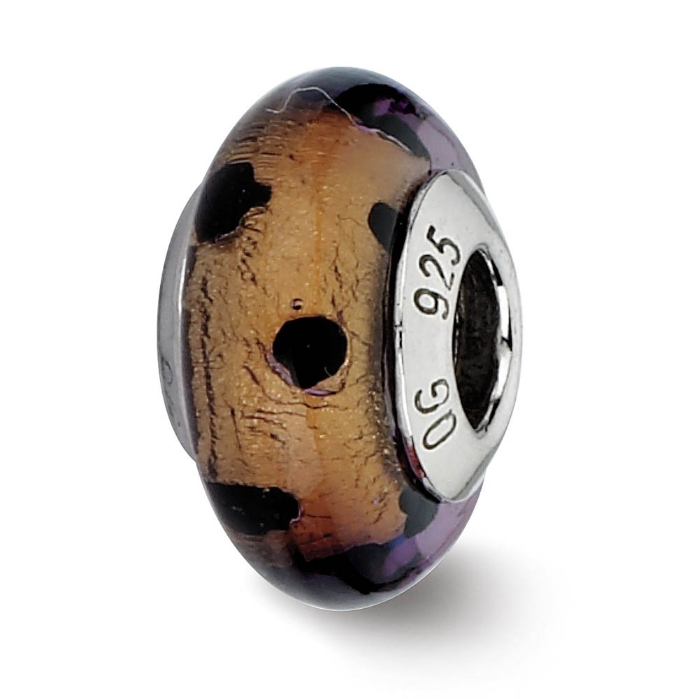 Brown with Black Dots Murano Glass Bead & Sterling Silver Charm, 13mm