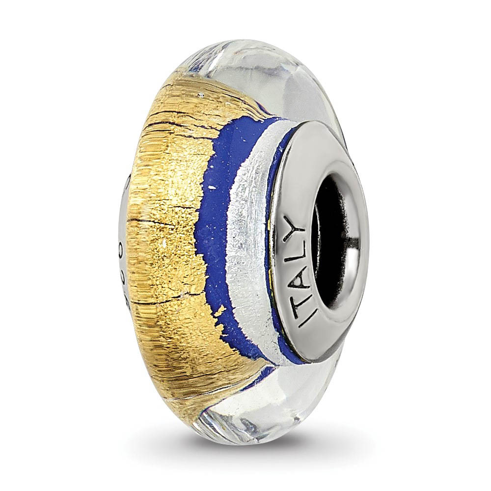 Blue/Gold/Silver Murano Glass Bead & Sterling Silver Charm, 13mm