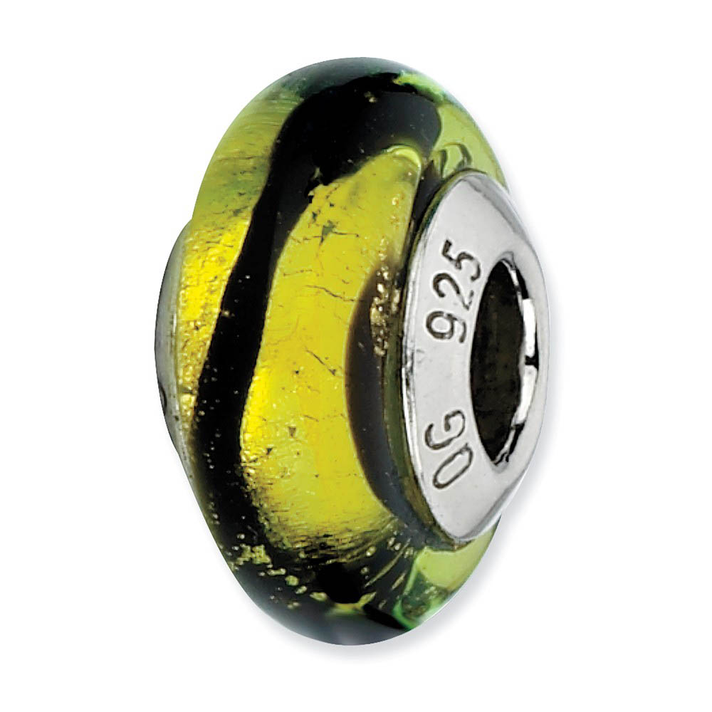 Lime/Black Stripes Murano Bead & Sterling Silver Charm, 13mm