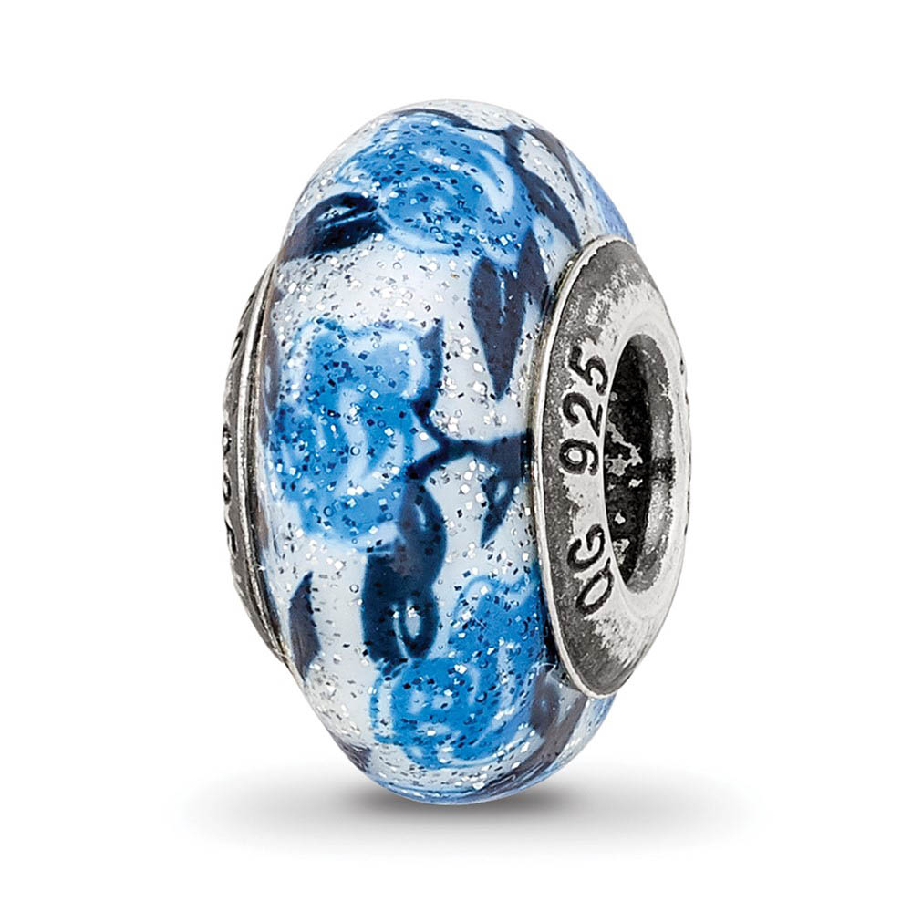 Blue Rose Glitter Overlay Murano Bead & Sterling Silver Charm, 13mm