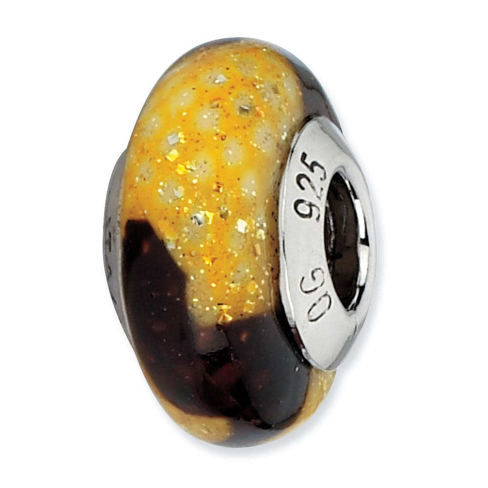 Brown and Yellow Glitter Glass Bead & Sterling Silver Charm, 13mm