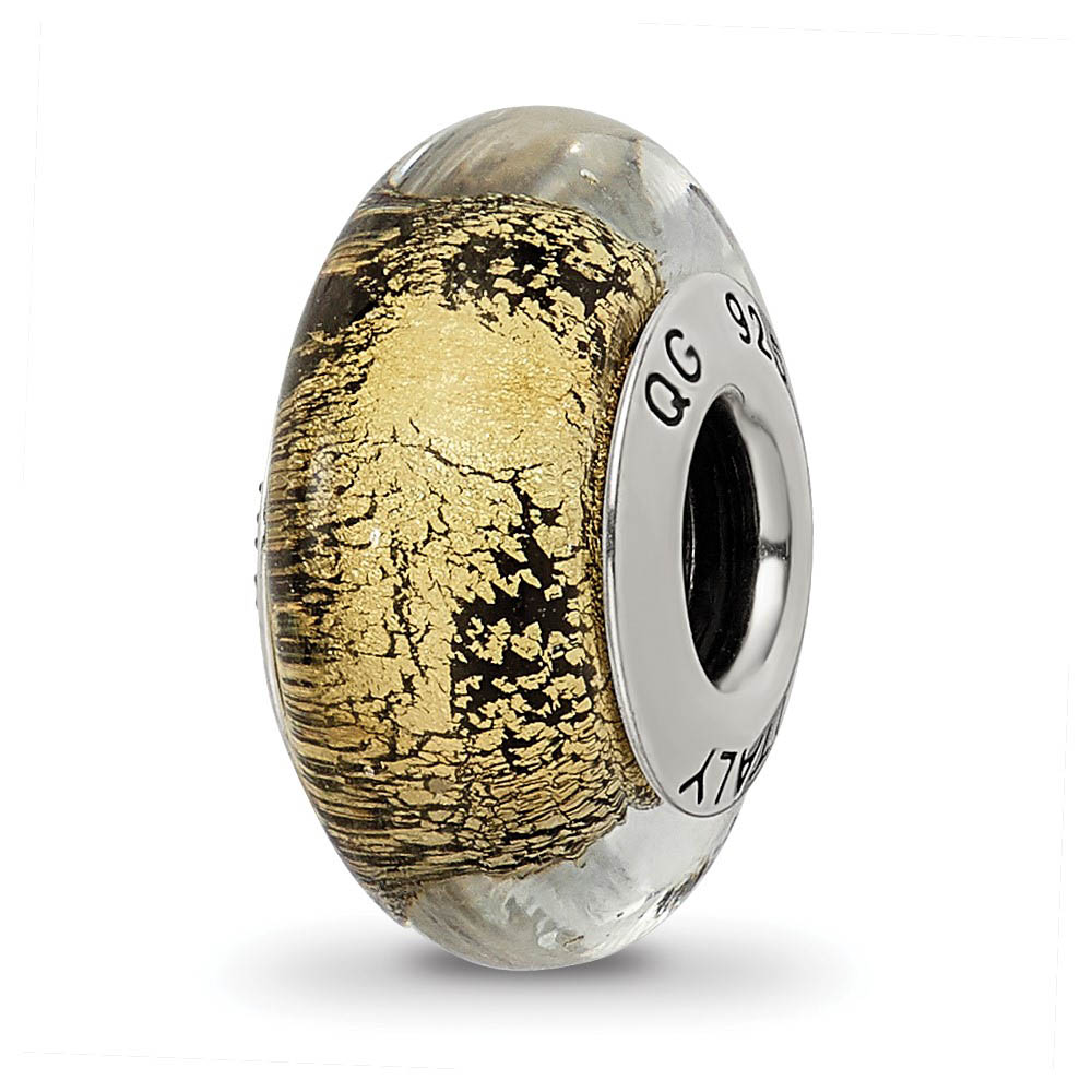 Black/Golden Italian Murano & Sterling Silver Bead Charm, 14mm
