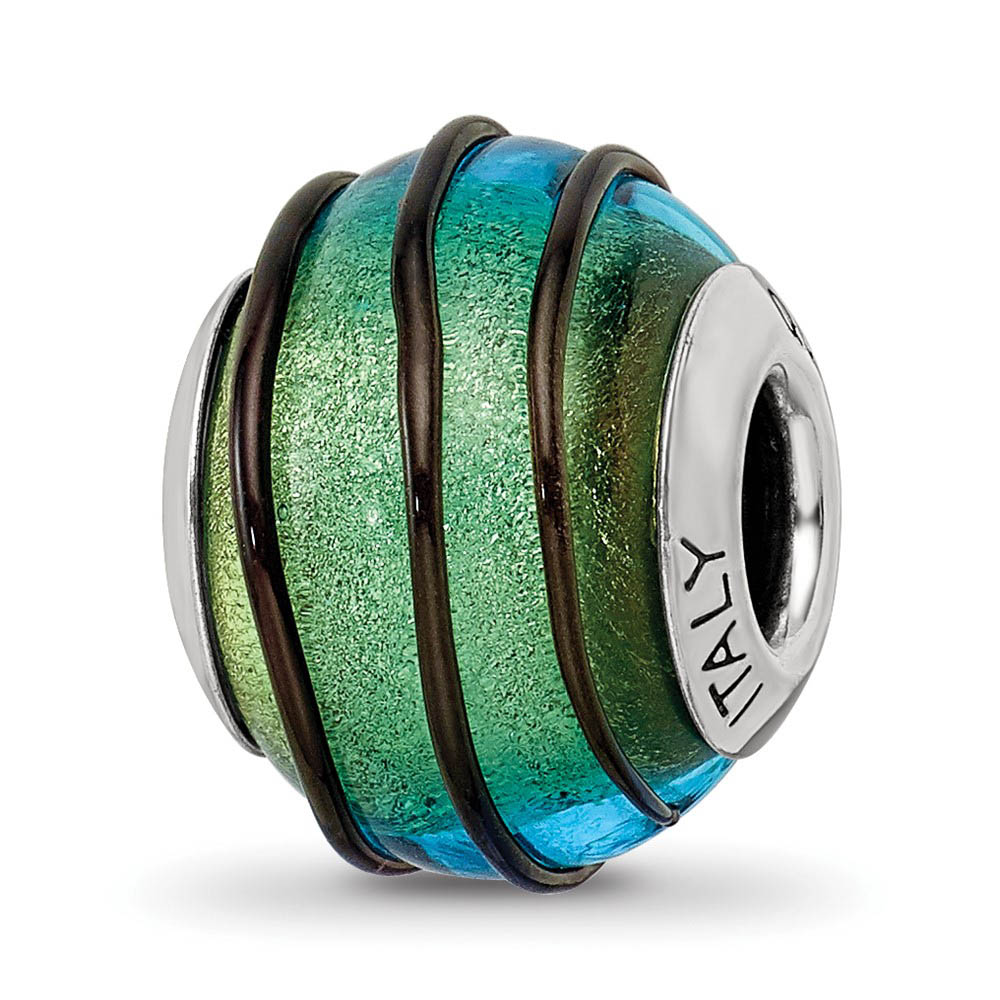 Teal with Black Stripes Murano Bead & Sterling Silver Charm, 15mm