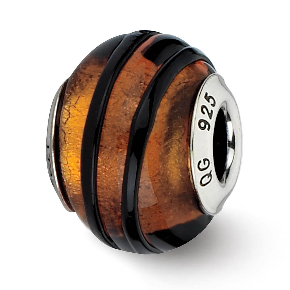 Orange/Black Stripes Italian Murano & Sterling Silver Bead Charm, 15mm