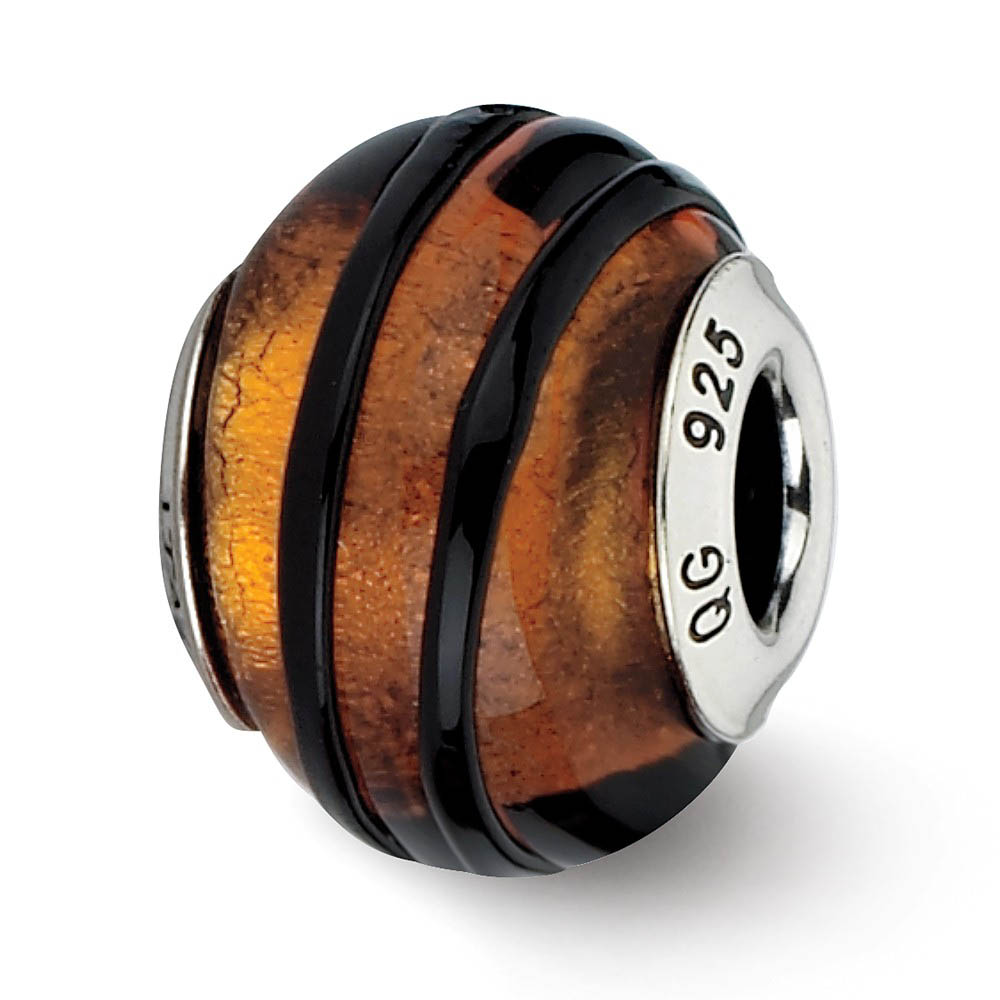 Orange/Black Stripes Italian Murano Bead & Sterling Silver Charm, 15mm