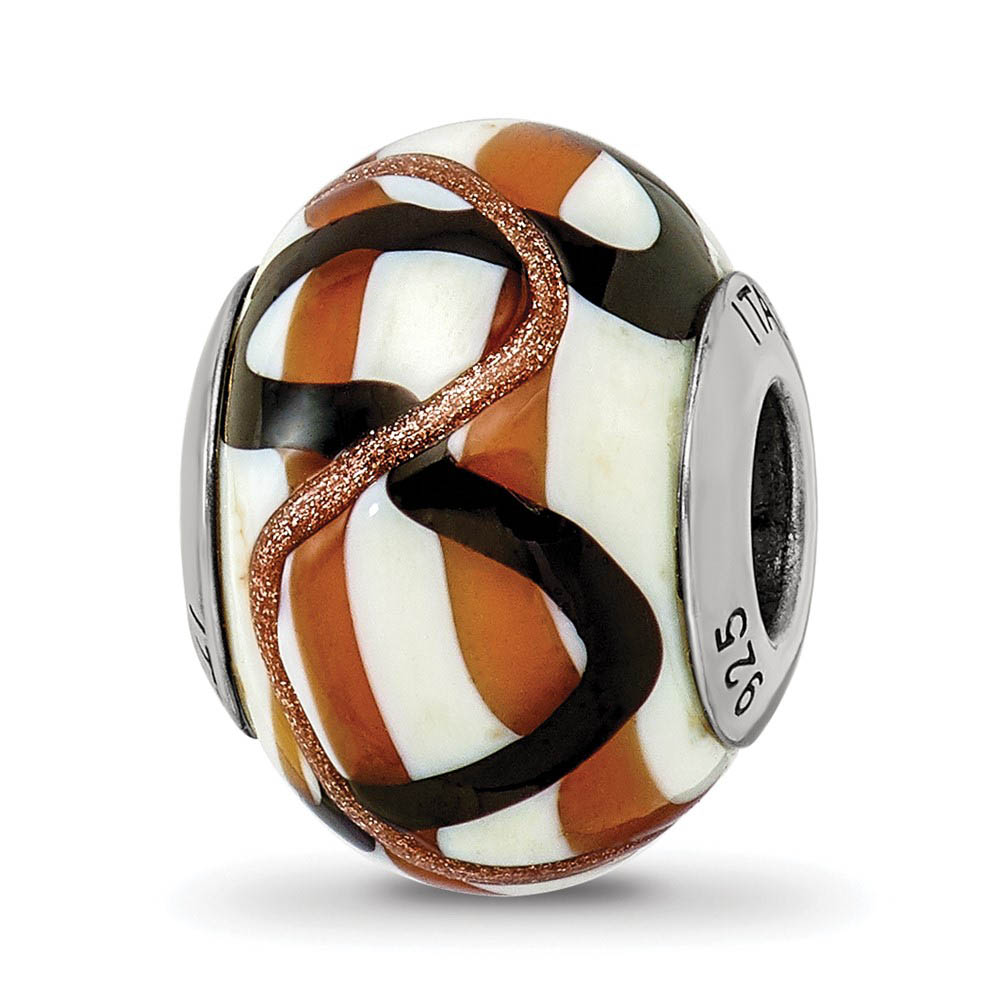 White/Brown/Black Italian Murano Bead & Sterling Silver Charm, 15mm