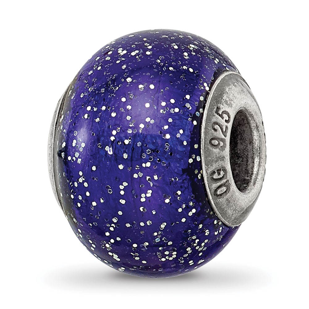 Dark Blue with Sparkles Murano Bead & Sterling Silver Charm, 15mm