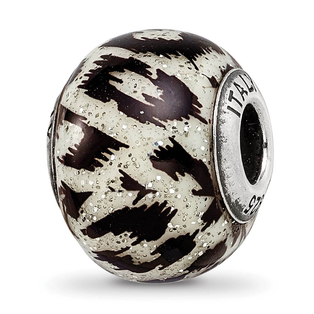 White & Black Glitter Overlay Glass & Sterling Silver Bead Charm, 15mm
